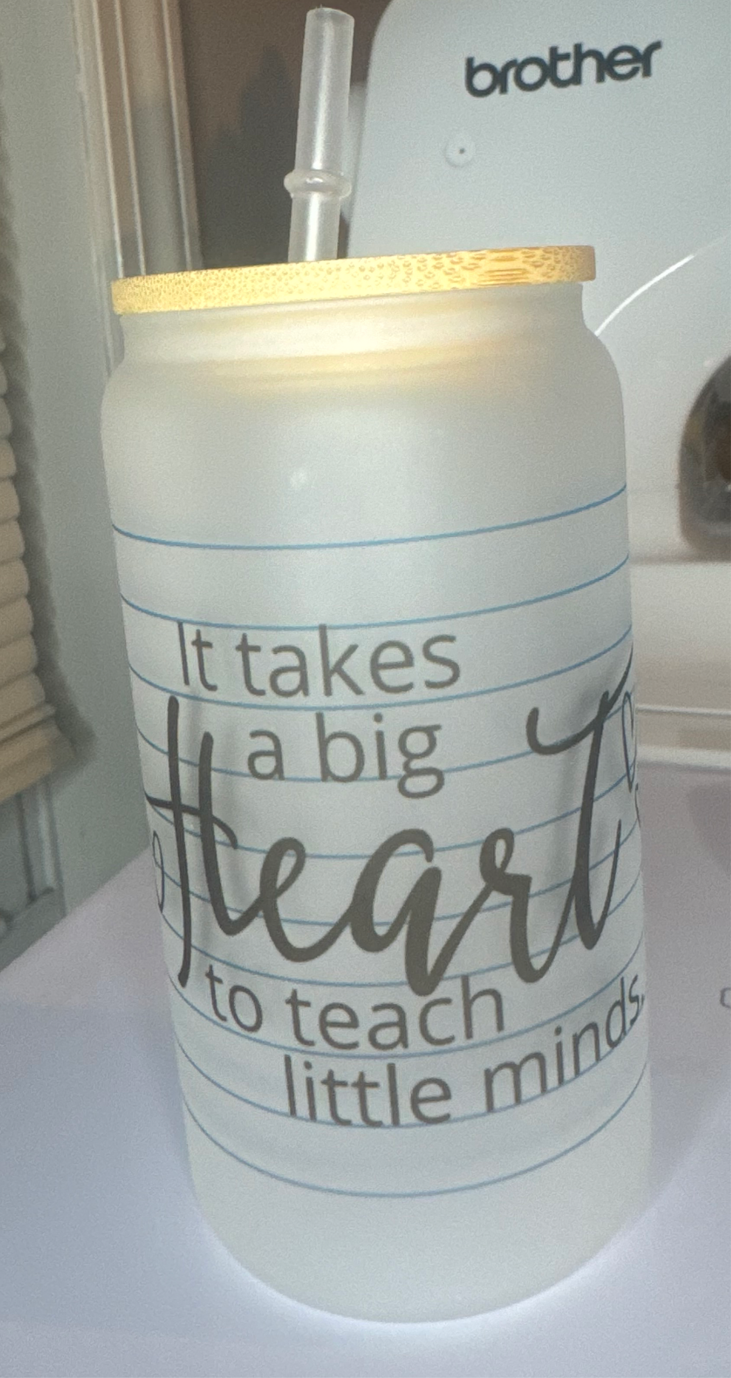 16oz frosted glass cup with bamboo lid and straw, teacher cup, birthday gift, big heart
