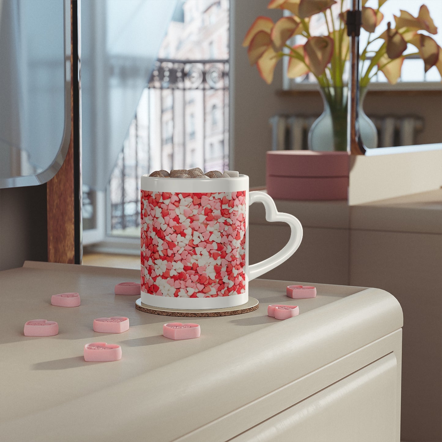 Heart-Shaped Mug, mug with lid and spoon, heart handle Sublimation mug