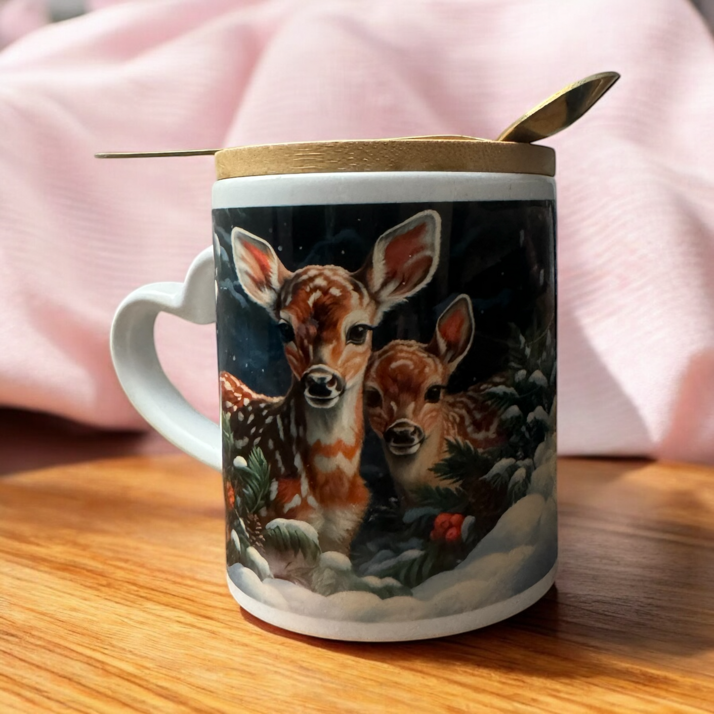 Christmas mug with lid and spoon, heart handle Sublimation mug