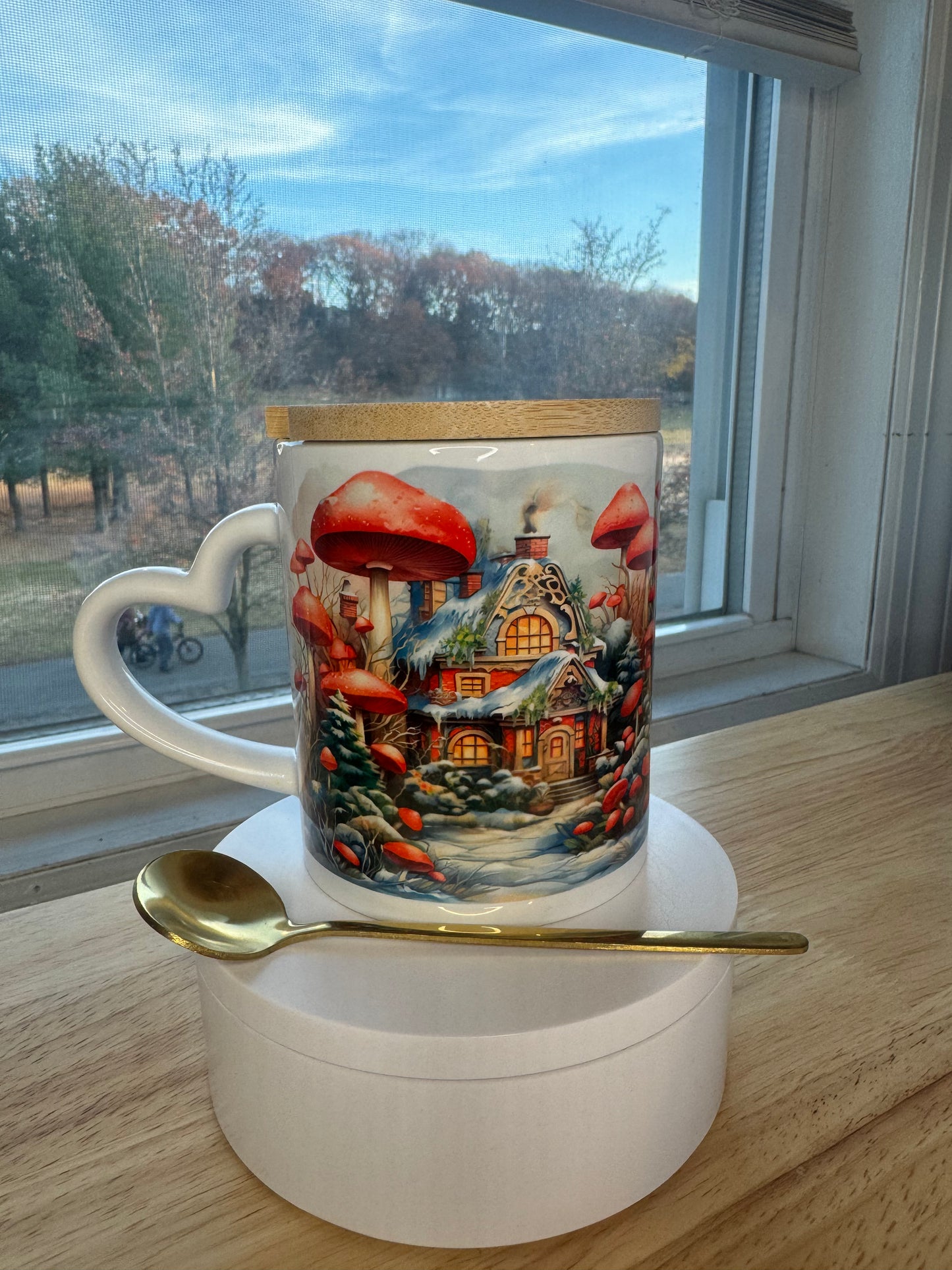 Christmas mug with lid and spoon, heart handle Sublimation mug