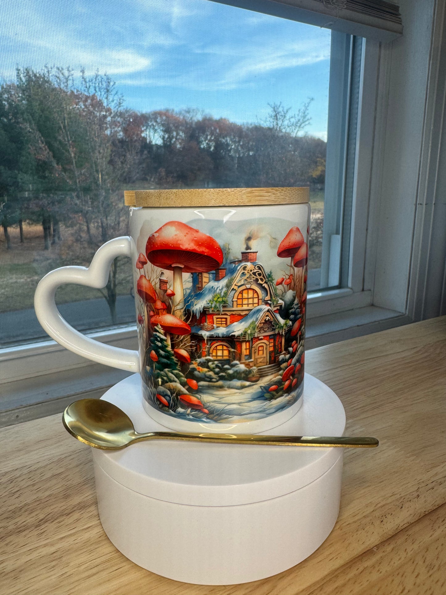 Christmas mug with lid and spoon, heart handle Sublimation mug