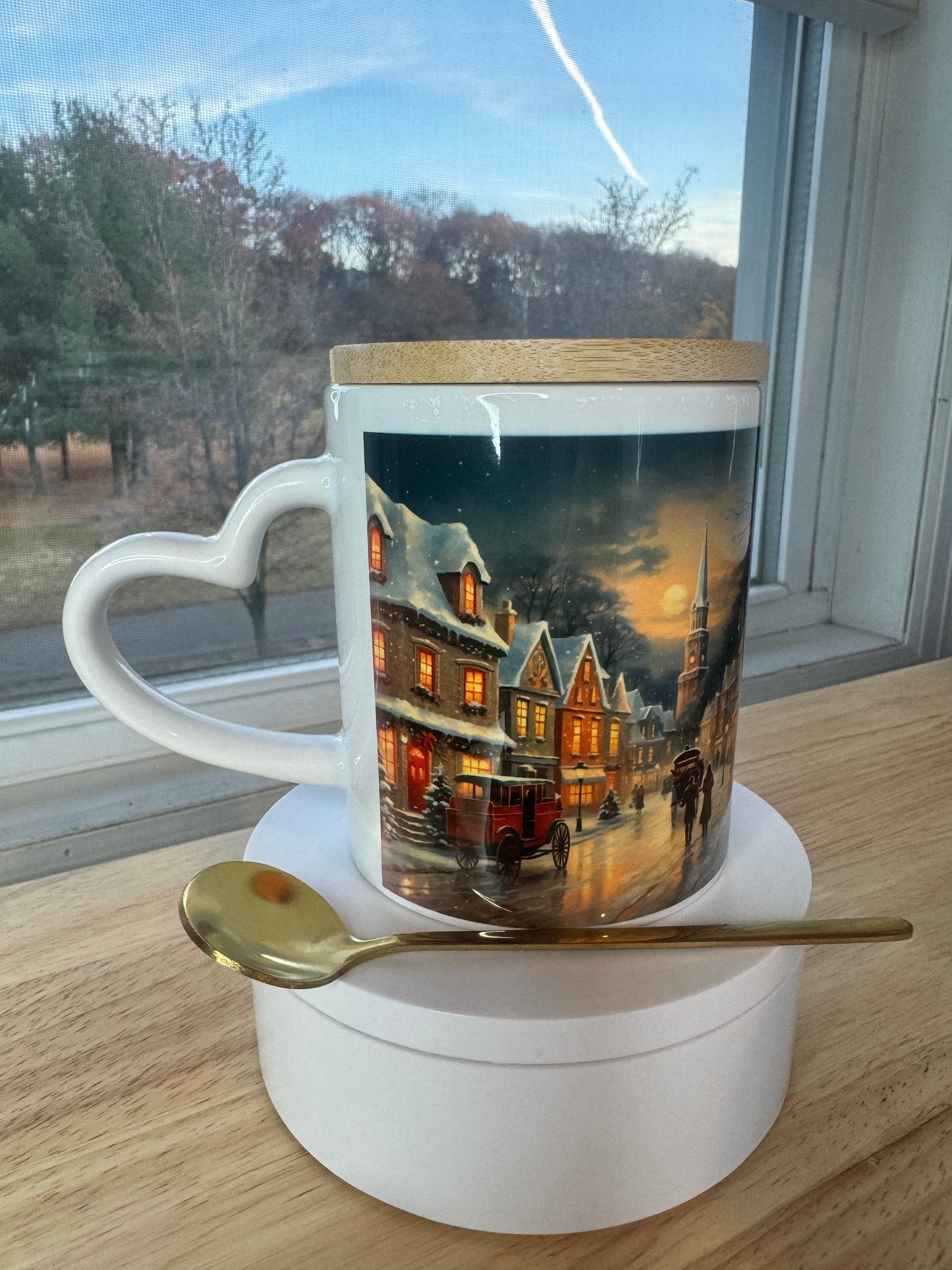 Christmas mug with lid and spoon, heart handle Sublimation mug