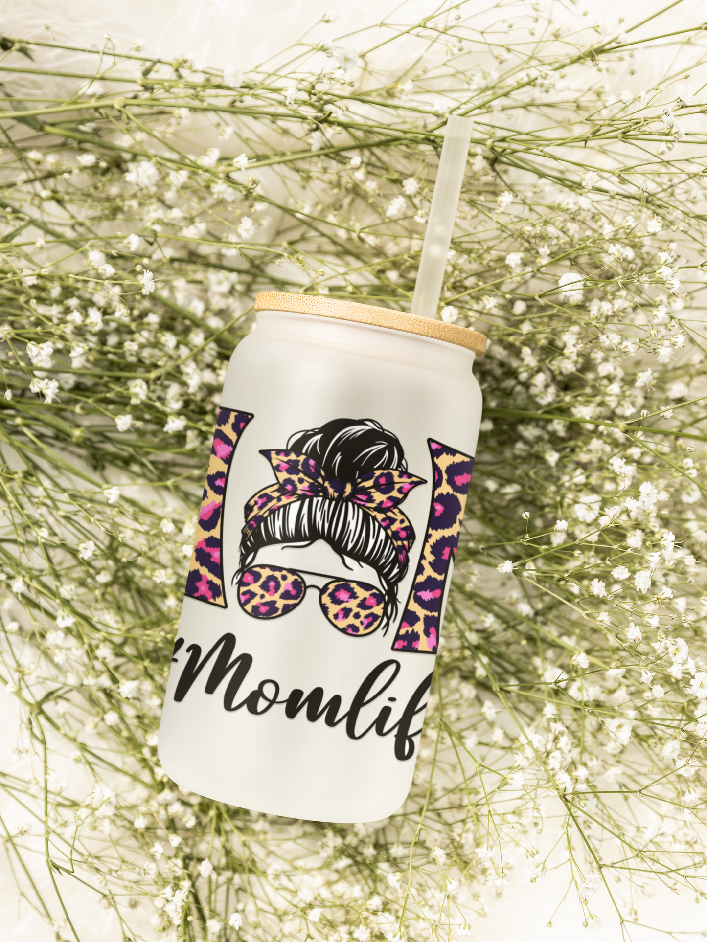 Frosted glass cup with lid and straw, Leopard Print Mom Life Can Cooler with Straw