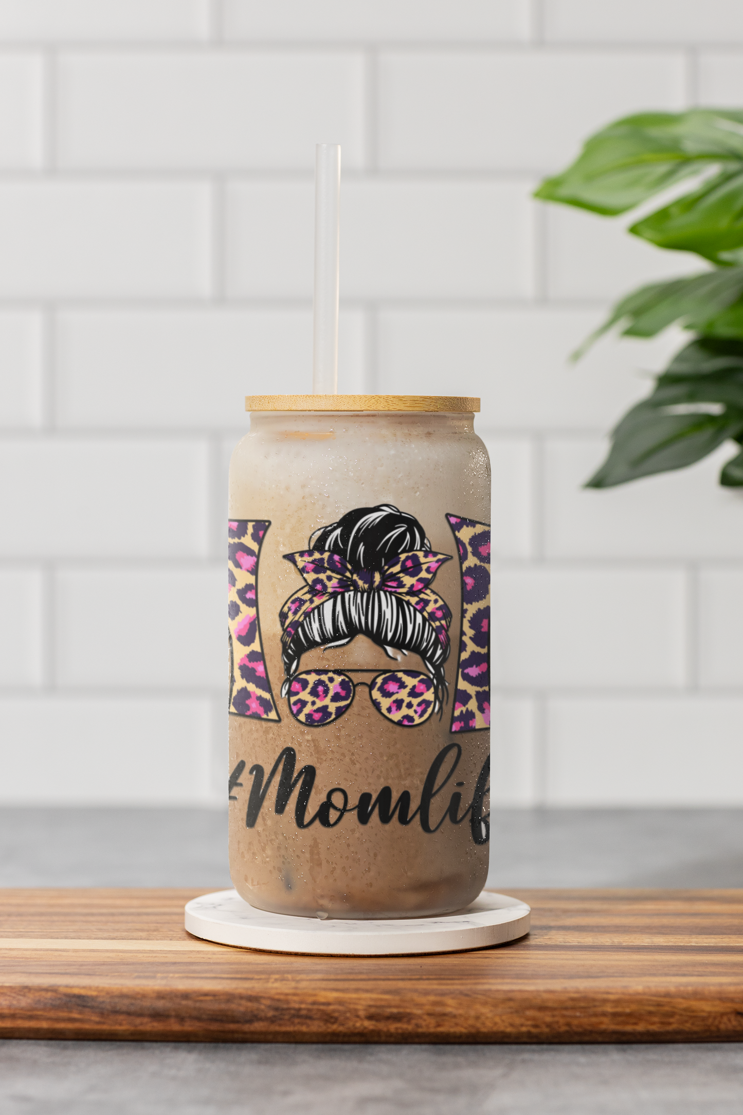 Frosted glass cup with lid and straw, Leopard Print Mom Life Can Cooler with Straw