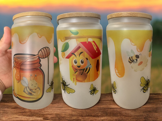 Frosted glass cup 16oz,Iced Coffee Cup, Mom iced coffee cup, Glass Cup With Lid And Straw, Bee lover, Glass Tumbler