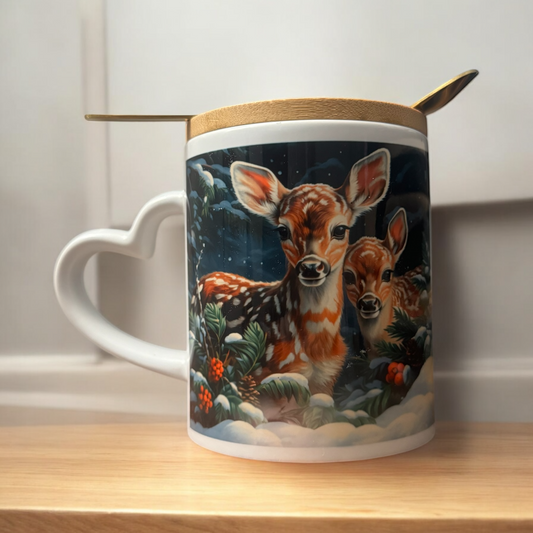 Christmas mug with lid and spoon, heart handle Sublimation mug