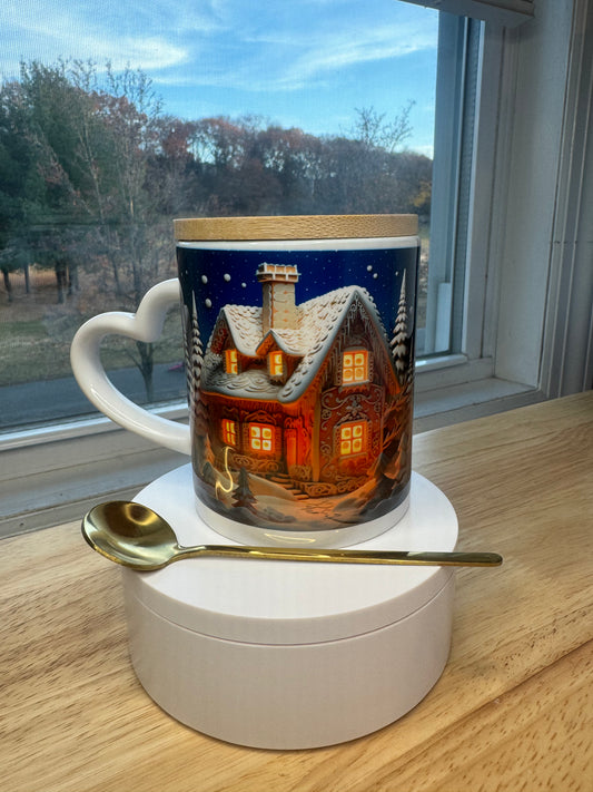 Christmas mug with lid and spoon, heart handle Sublimation mug
