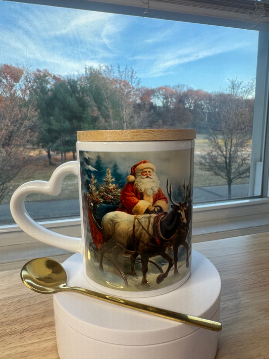 Christmas mug with lid and spoon, heart handle Sublimation mug