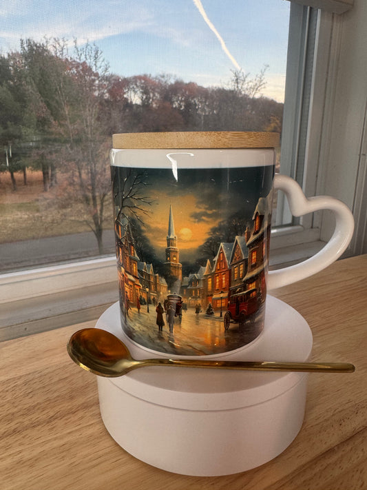 Christmas mug with lid and spoon, heart handle Sublimation mug
