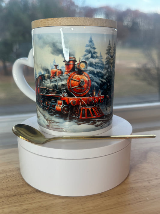 Christmas mug with lid and spoon, heart handle Sublimation mug