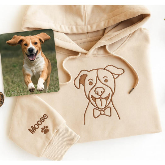 Custom Embroidered Pet (Dog) Portrait Hoodie – Minimal Line Art with Pet Name & Paw Print